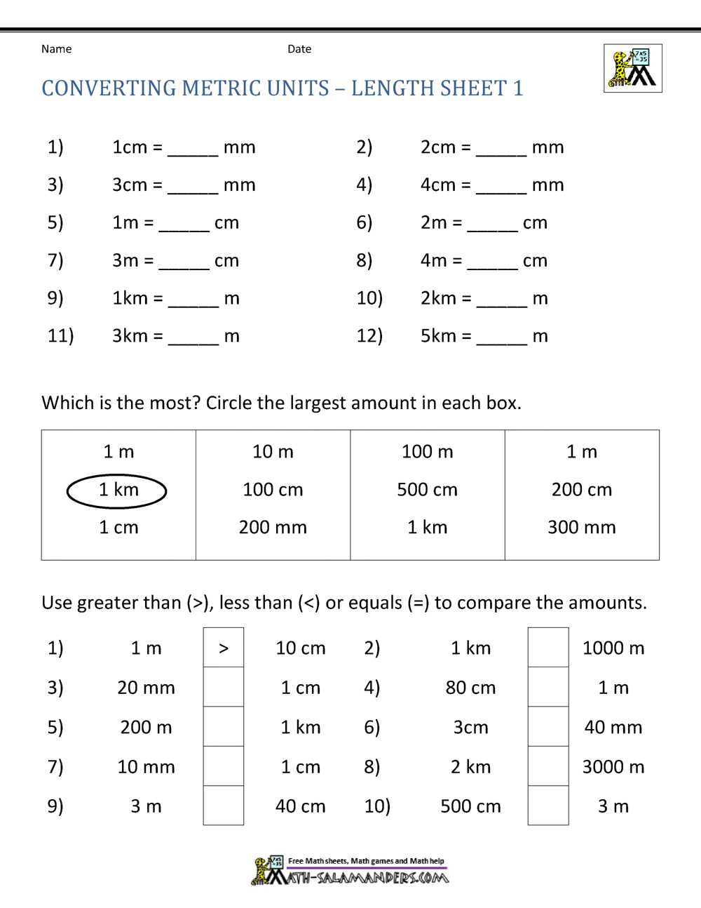 Metric Measurements Worksheet