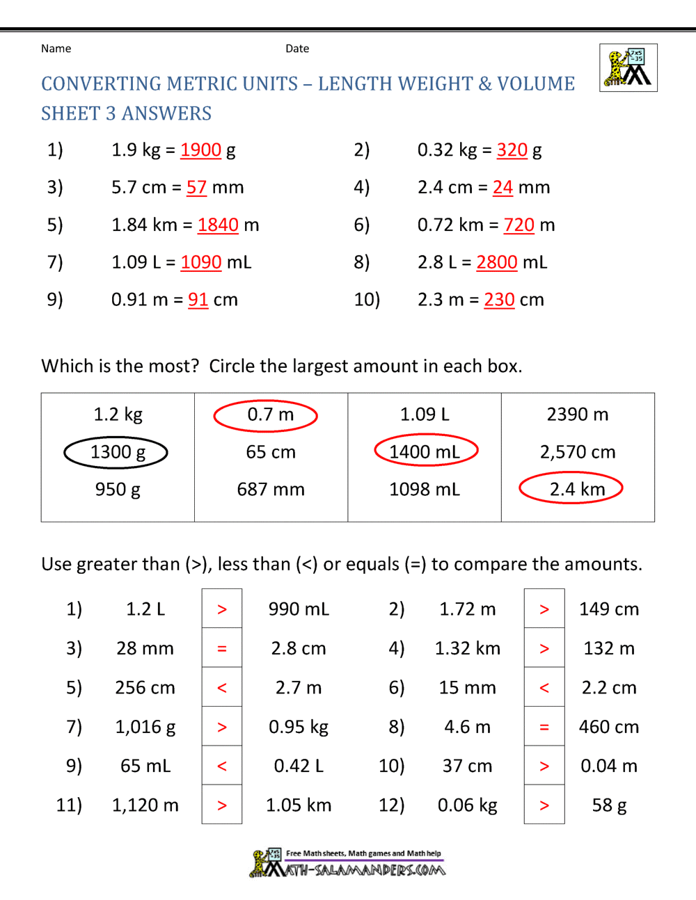 Metric System Unit Conversion Worksheet