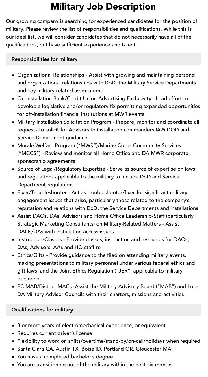 Military Job Description Velvet Jobs