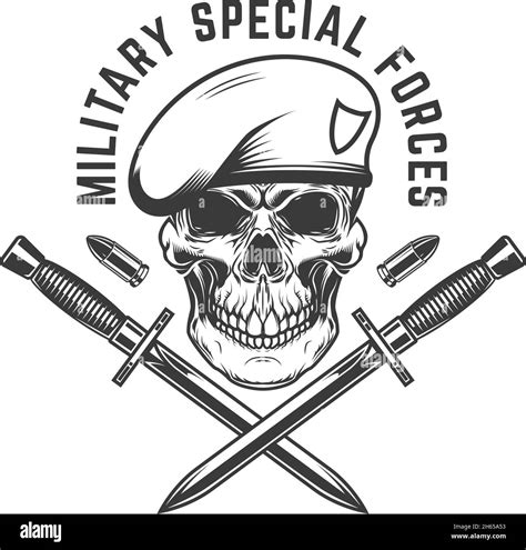 Military Special Forces Paratrooper Skull With Crossed Knives Design Element For Logo Label