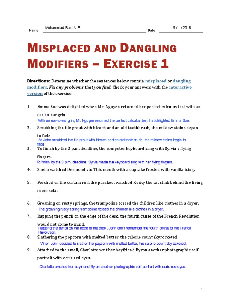 Misplaced And Dangling Modifiers Worksheet