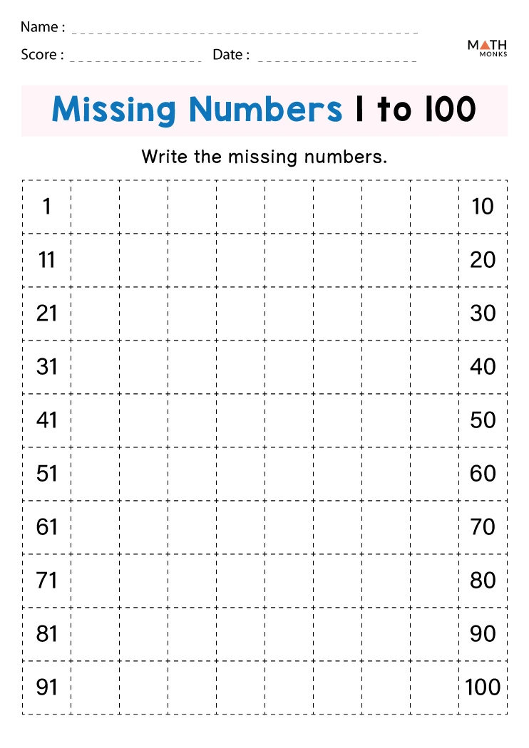 Missing Numbers 1 100 Worksheets Pdf Planes Balloons In 2023