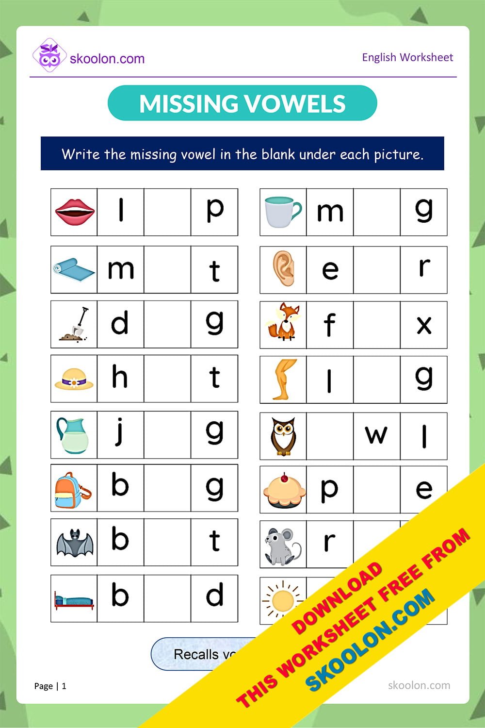 Missing Vowel Worksheet 3 Skoolon Com