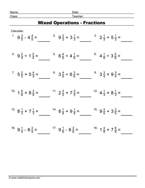 Mixed Fractions Worksheets Grade 7