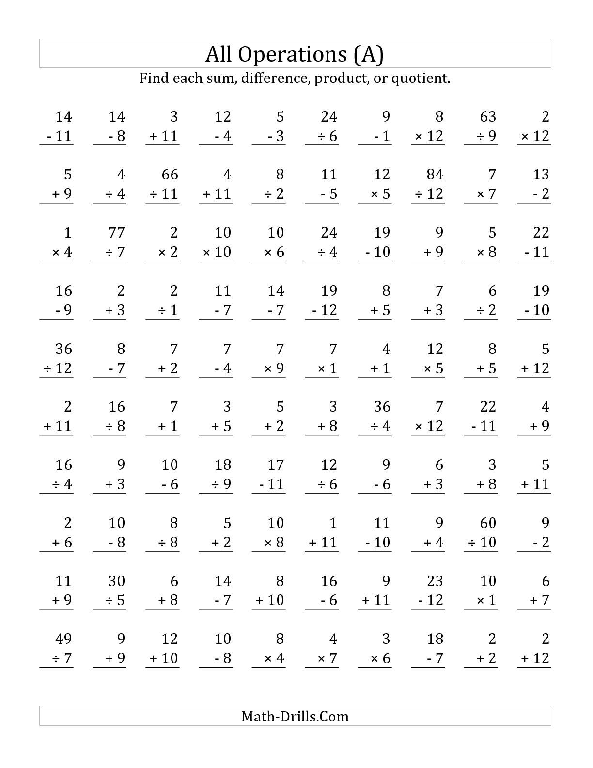 Mixed Math Facts 4 Operations 1 12 Worksheets K5 Learning