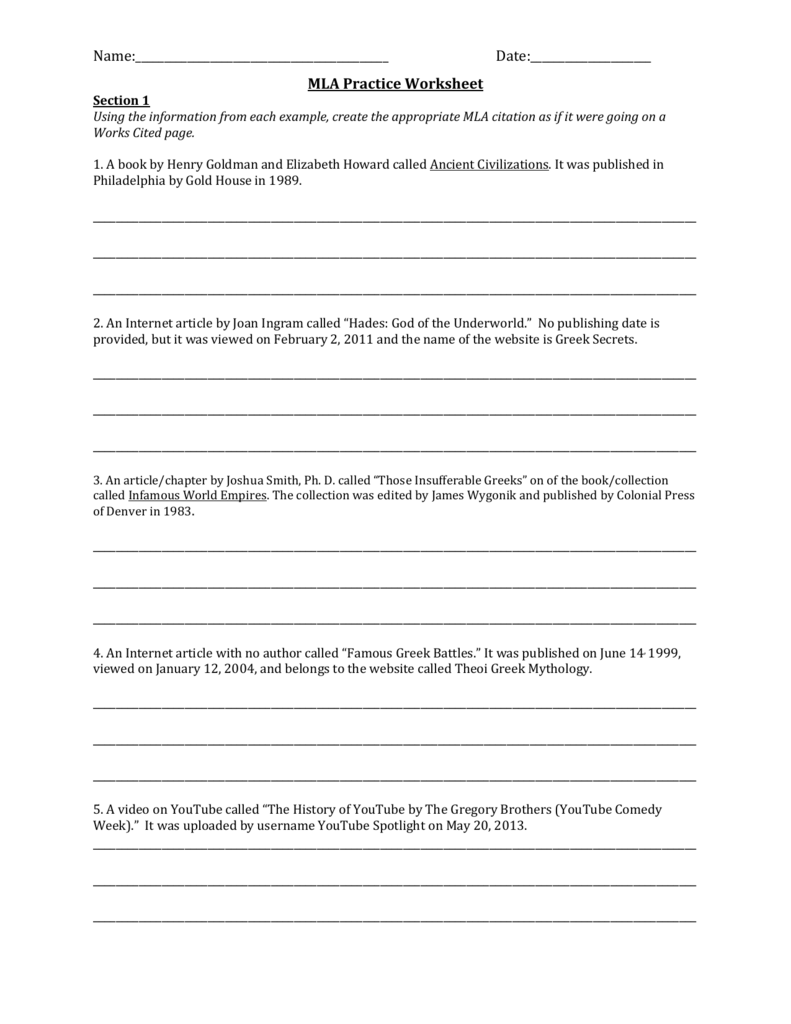 Mla Practice Worksheet Pdf