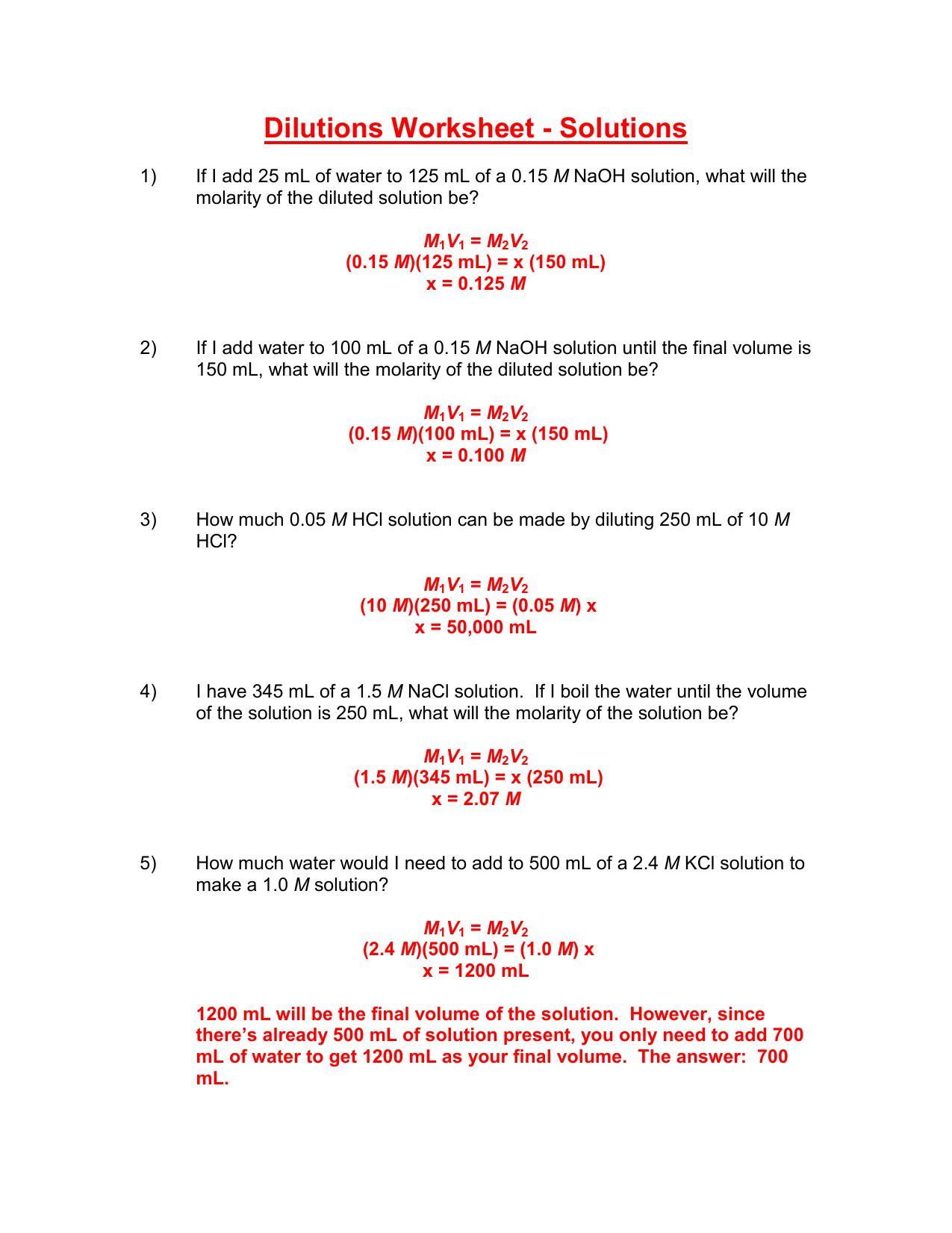 Molarity And Dilution Worksheet