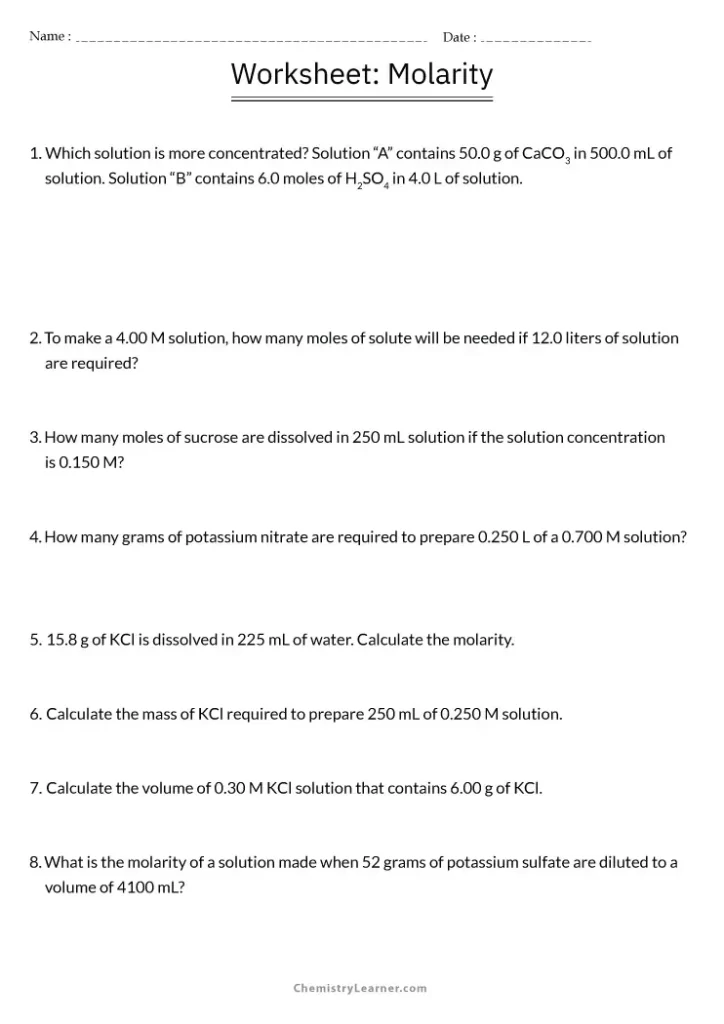 Molarity Calculations Worksheet Studying Worksheets