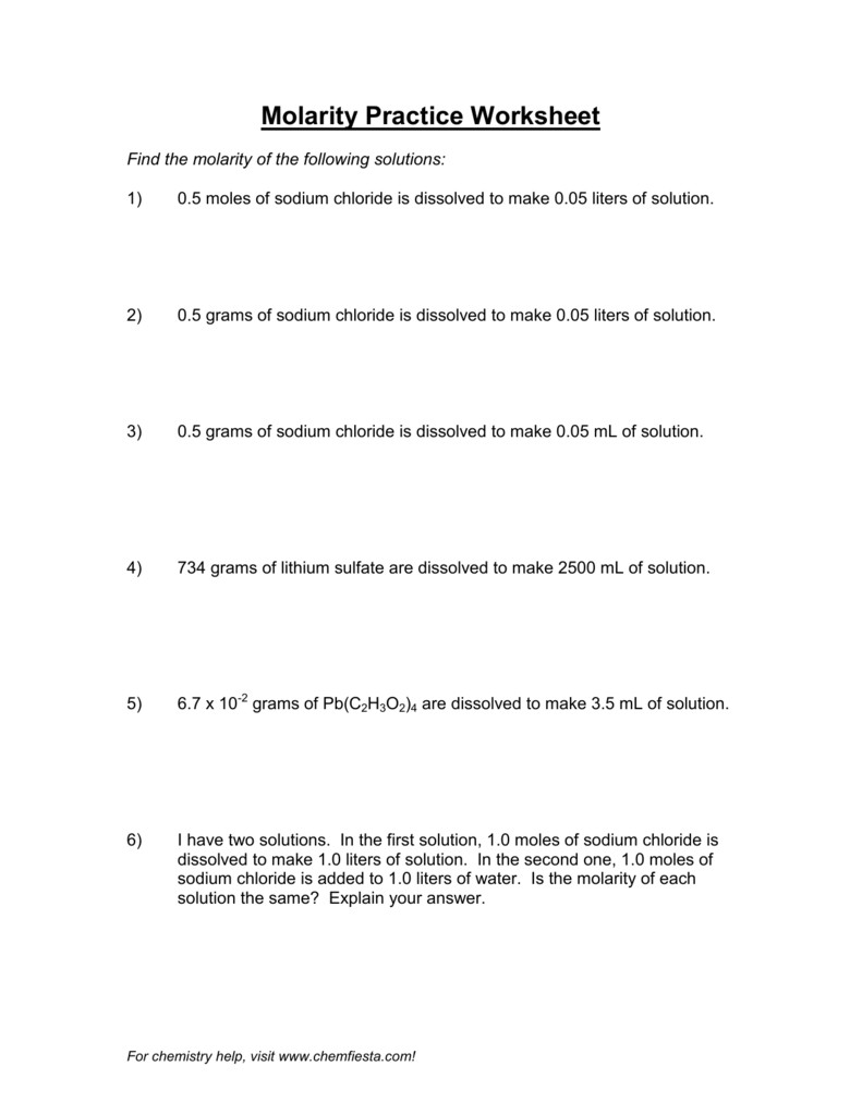 Molarity Practice Problems Worksheets