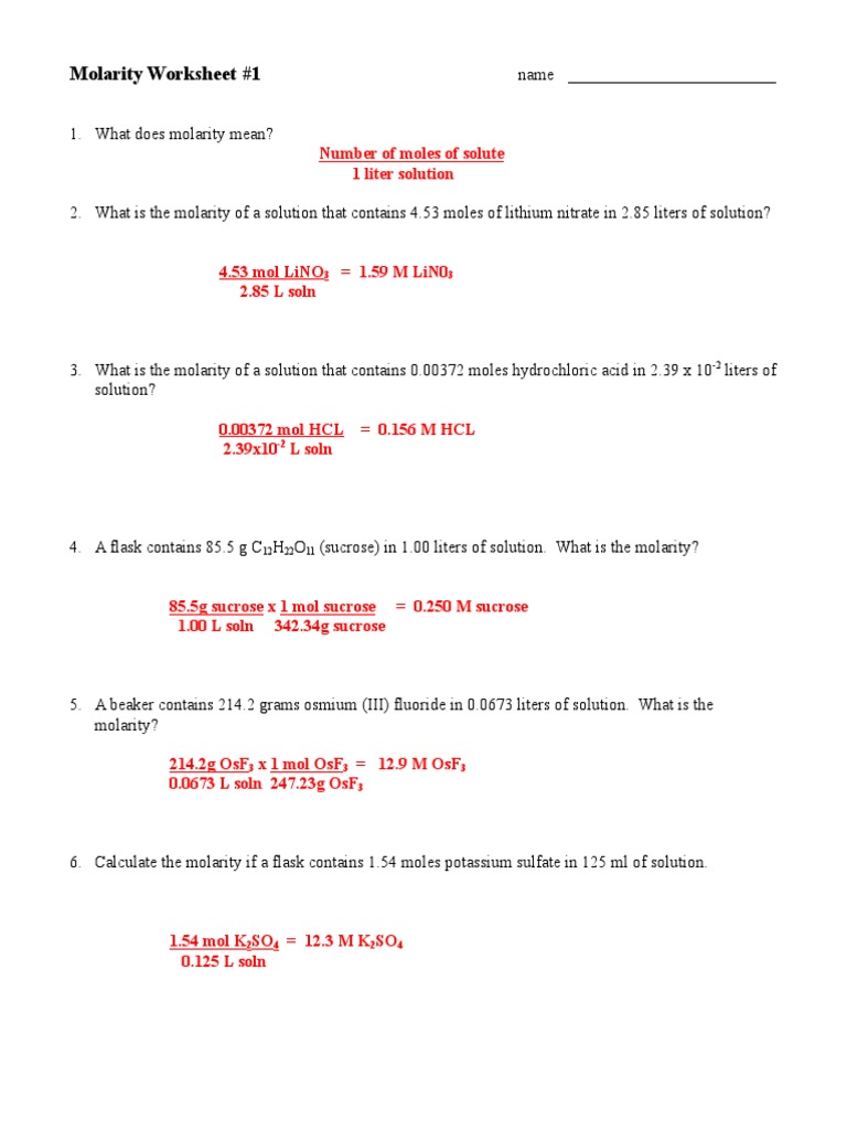 Molarity Practice Worksheet Answer Solutions Worksheet 1 Molarity Answer Key Worksheet Printable