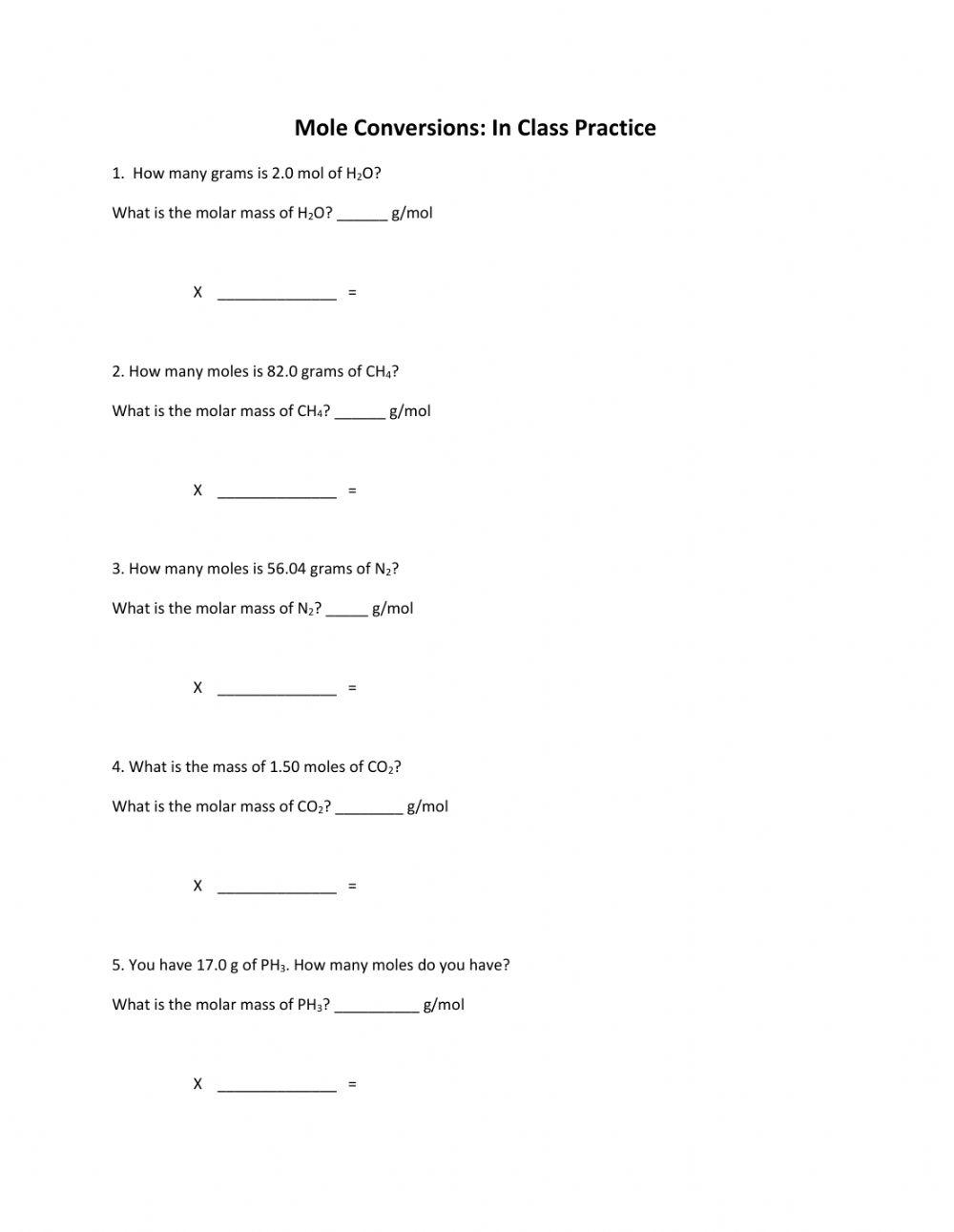 Mole Conversion Worksheet Mixed Practice