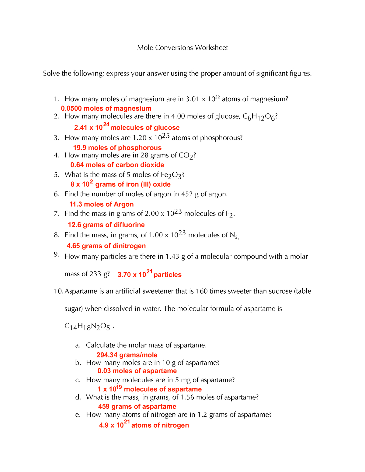 Mole Conversions Worksheet Answer Key