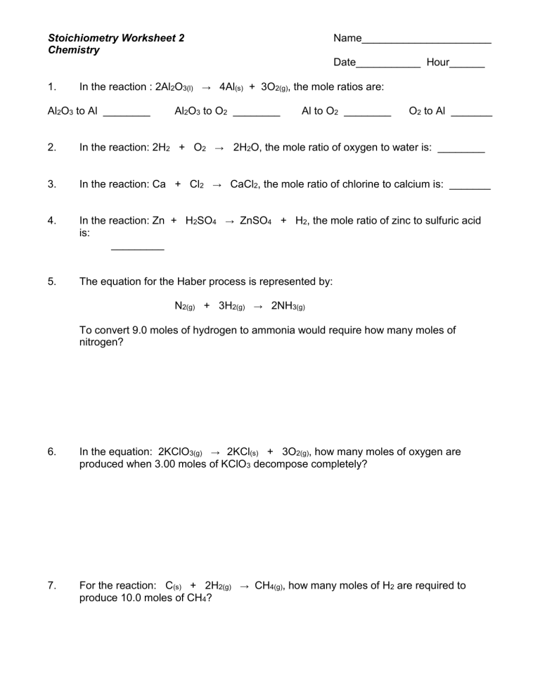 Mole Mole Stoichiometry Worksheet 1 Balance The Following Equation