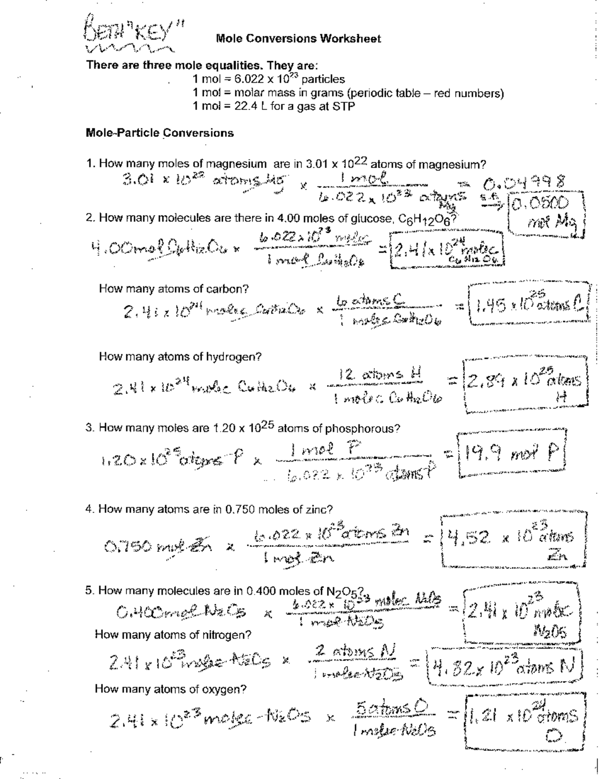 Mole To Grams Conversion Worksheet Key Pdf Course Hero