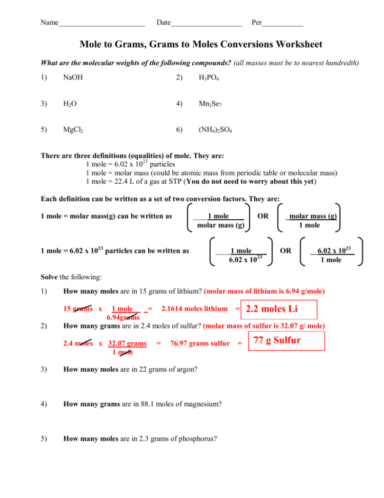 Mole To Grams Grams To Moles Conversions Worksheet Printable Word