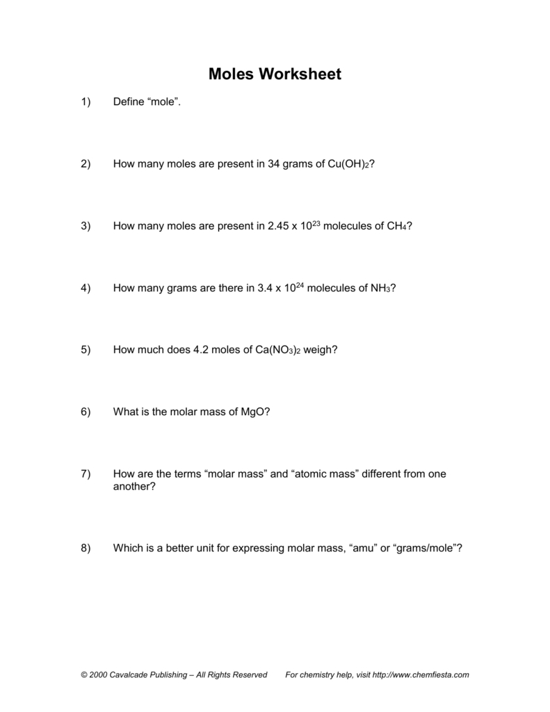 Moles Worksheets Chemistry