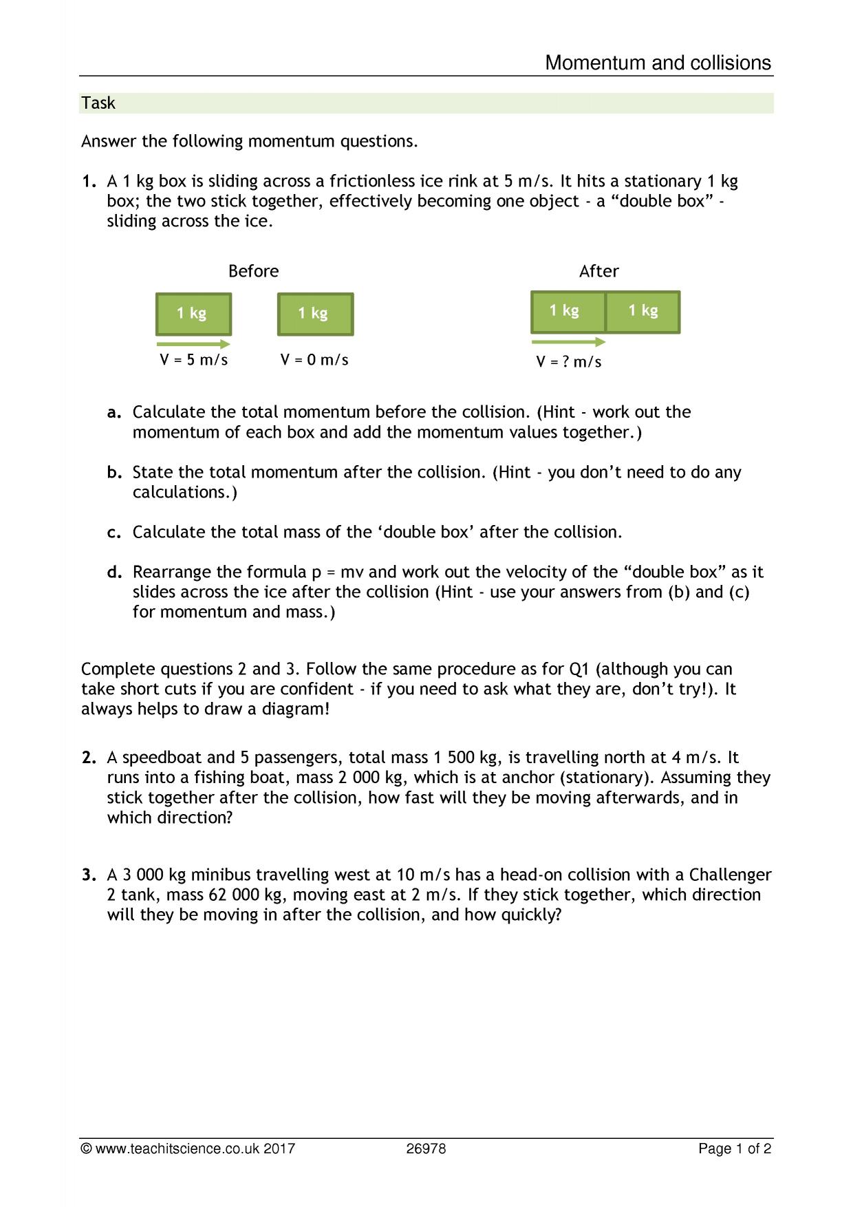 Momentum Worksheet Ks4 Physics Teachit Worksheets Library