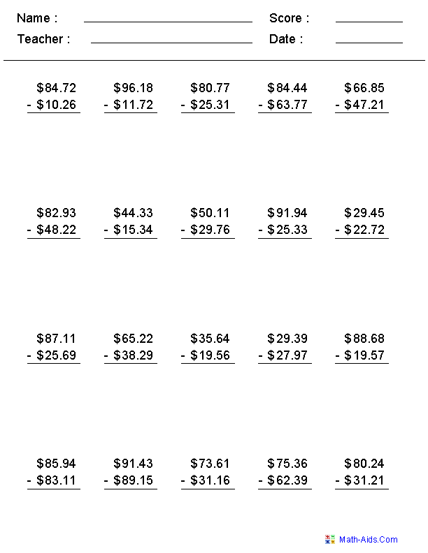 Money Subtraction Worksheet Page