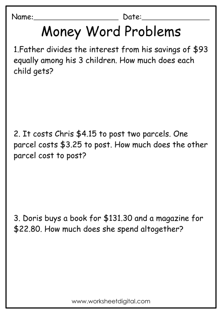 Money Word Problems Grade 3 Worksheet Digital