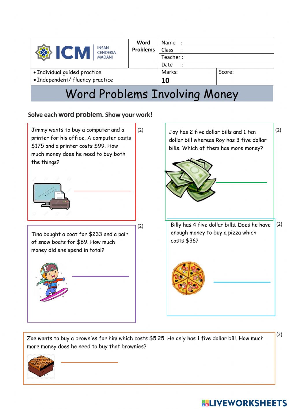 Money Word Problems Worksheet Have Fun Teaching