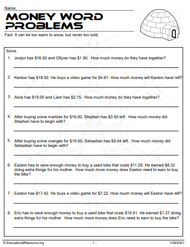 Money Word Problems Worksheets Worksheets Library