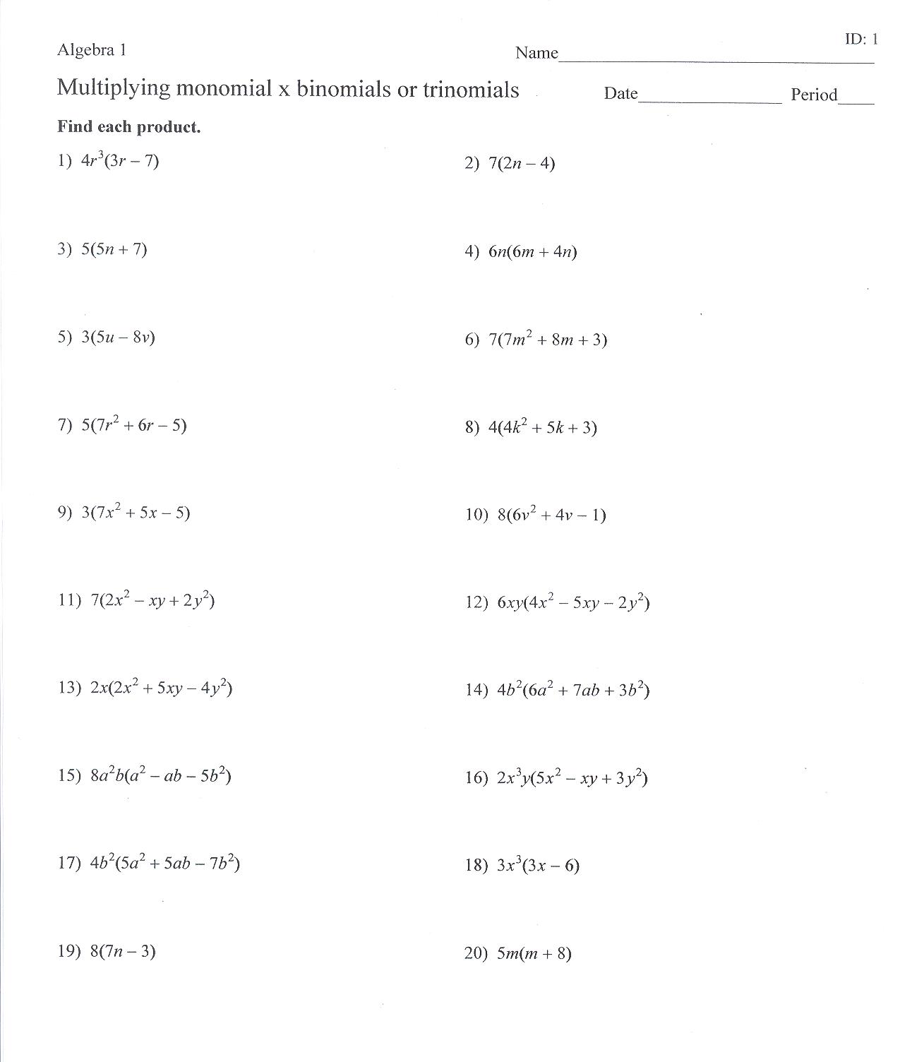 Monomials Worksheets