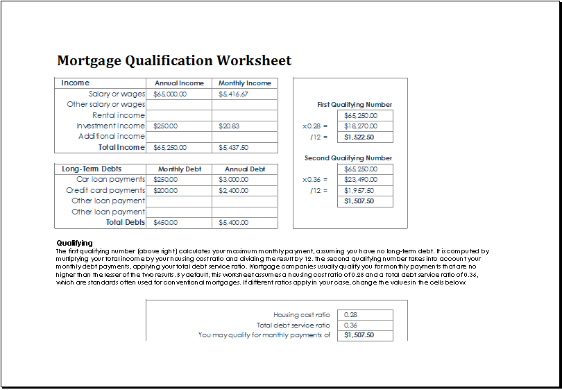 Ms Excel Mortgage Qualification Worksheet Template Free Worksheets