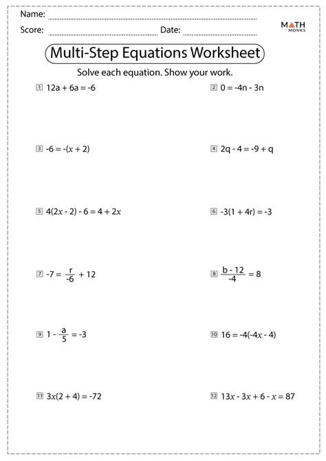 Multi Step Equations Worksheet Printable