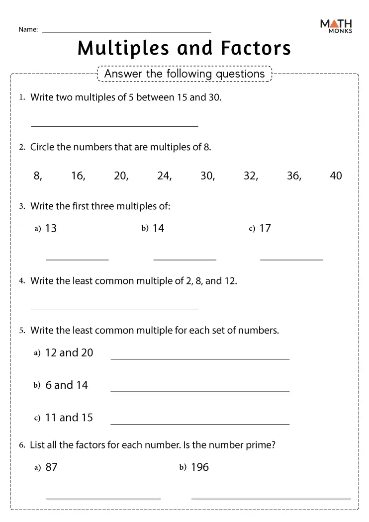 Multiples And Factors Worksheet For Class 5