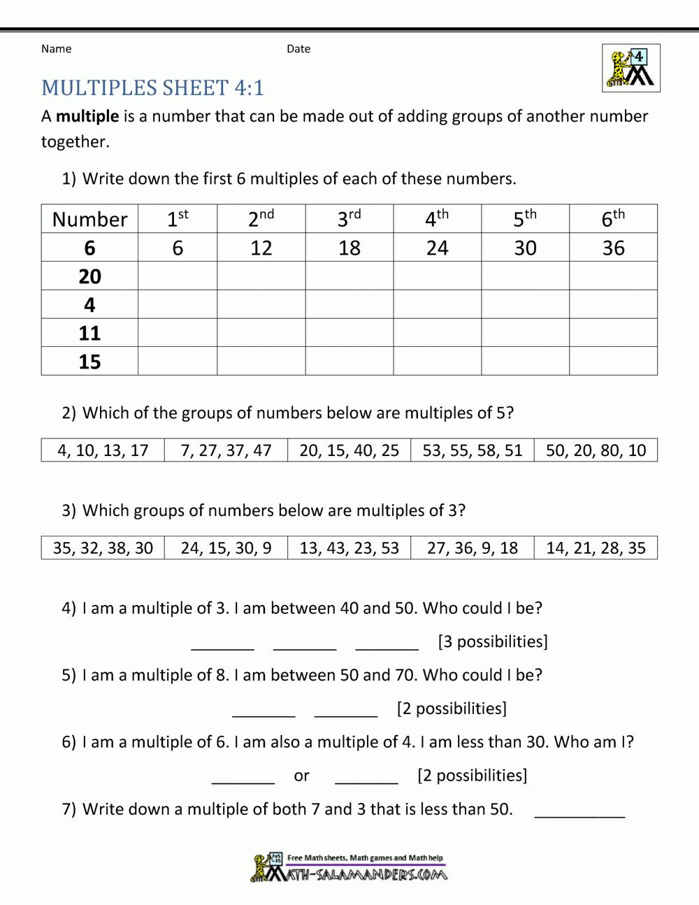 Multiples Of 6 Worksheet Free Printable