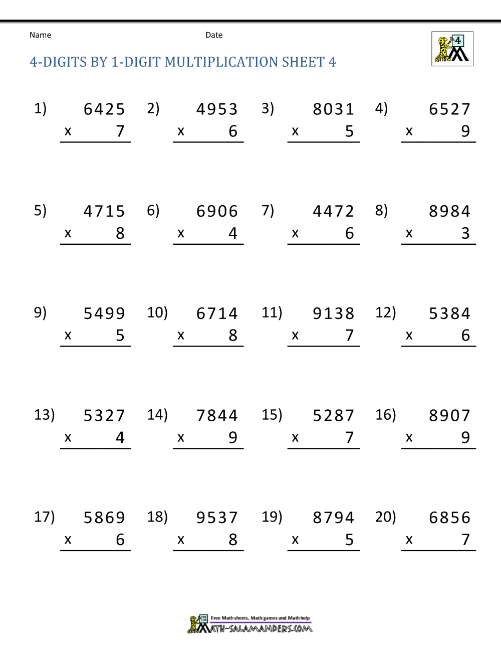 Multiplication 4 Digits By 1 Digit Worksheet For 2Nd 3Rd Grade