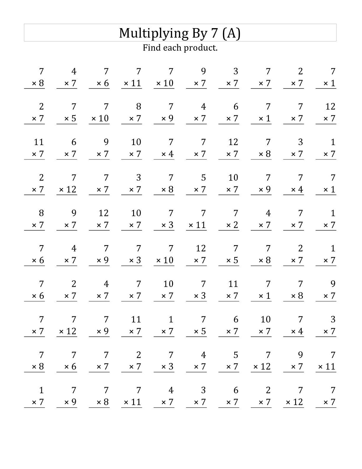 Multiplication 7 Worksheet Printable