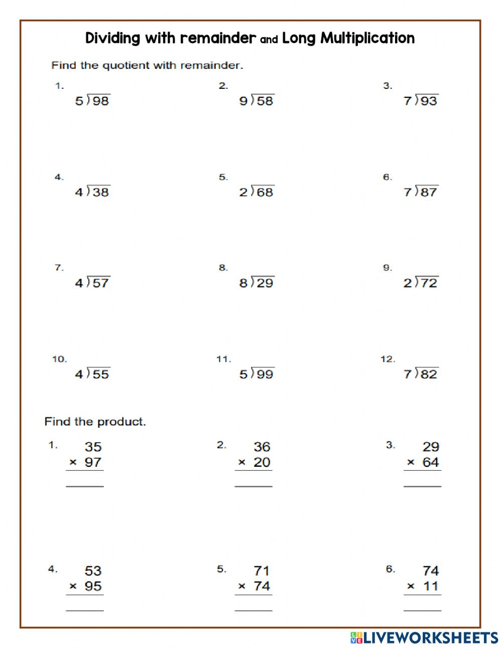 Multiplication And Long Division Worksheets Divisonworksheets Com