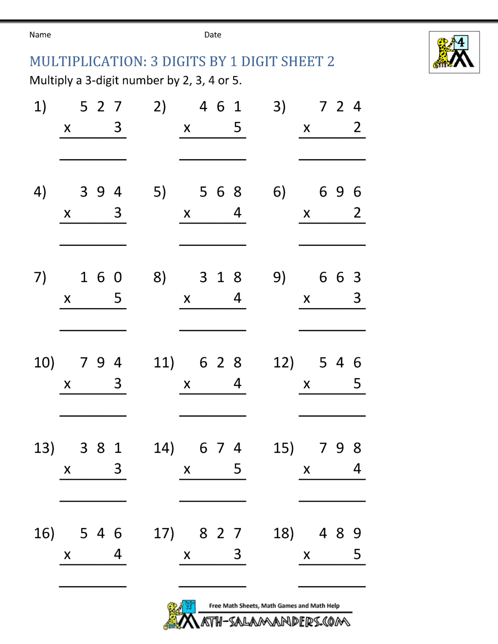 Multiplication Sheets 4Th Grade