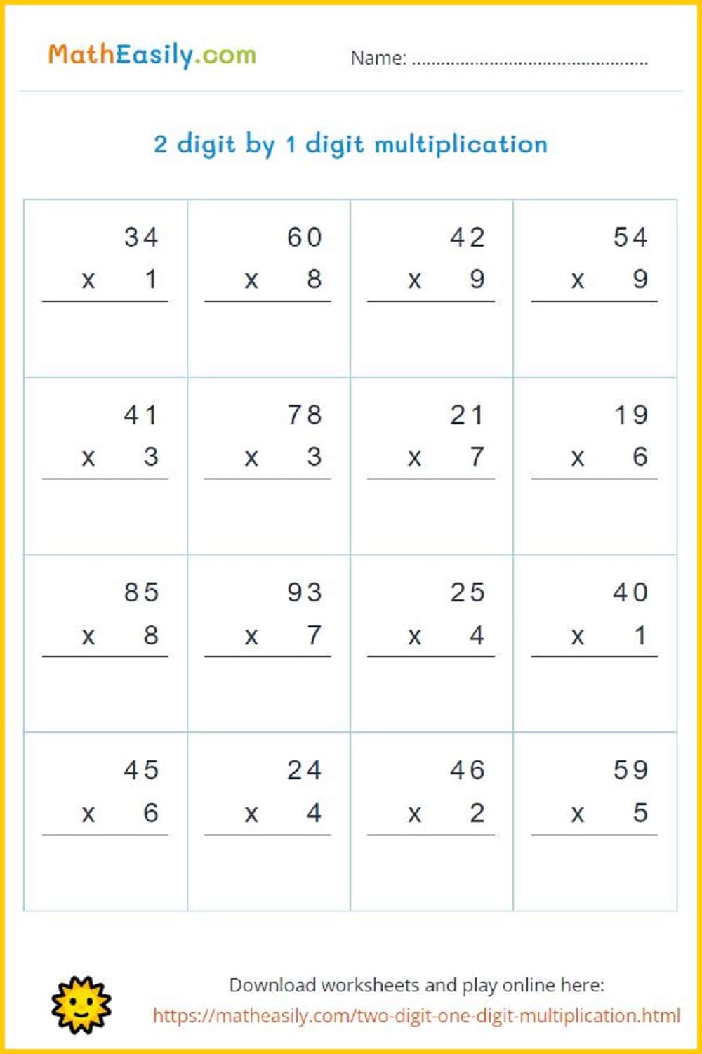 Two-Digit by One-Digit Multiplication Worksheets for Kids