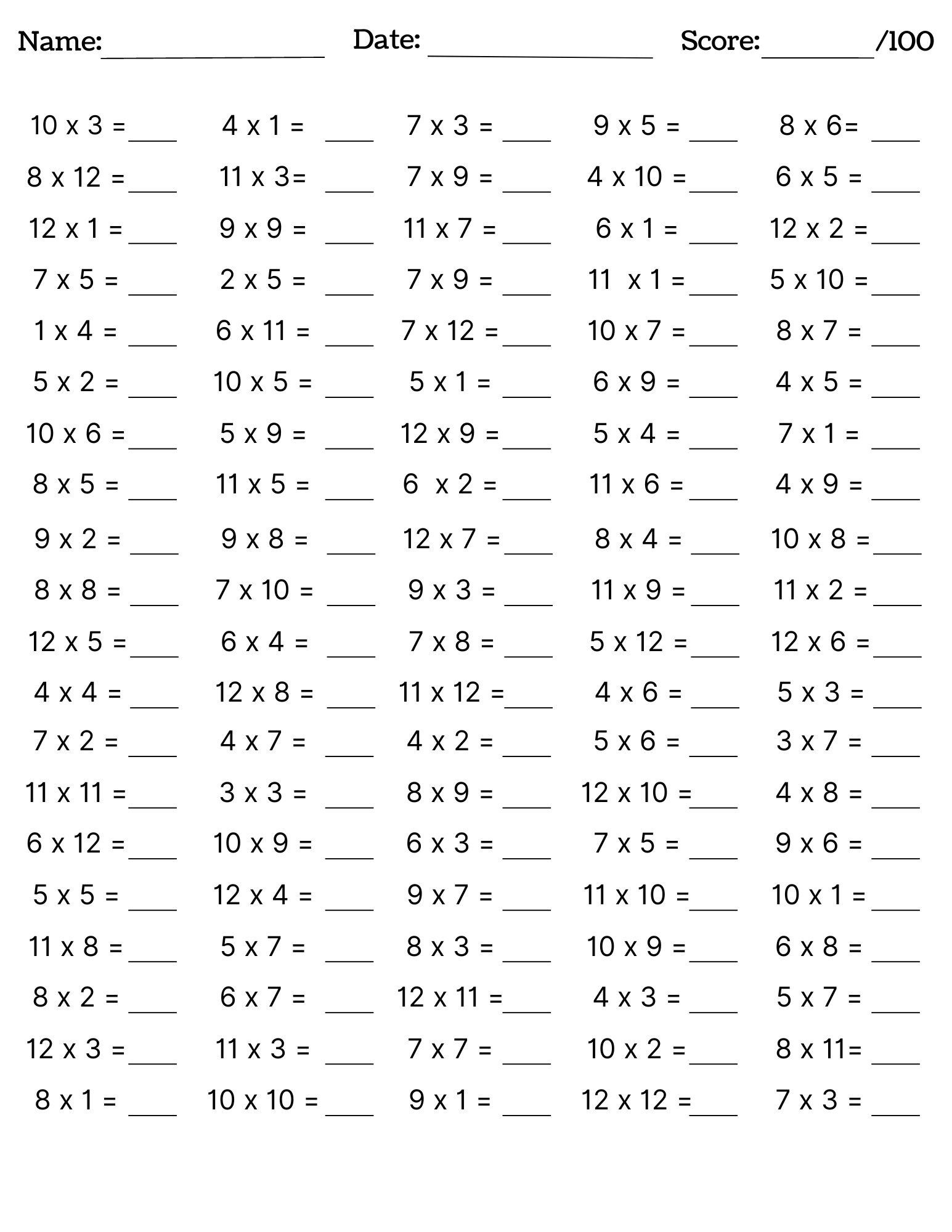 Free Multiplication Worksheets from 1 to 12