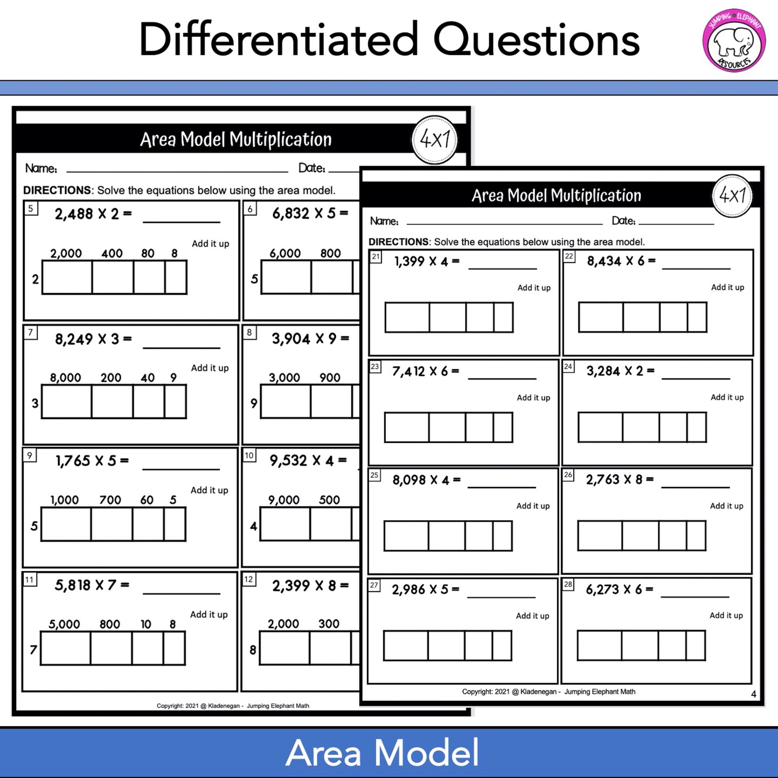 Multiplication Worksheets 4 Digit By 1 Digit Area Model And Standard