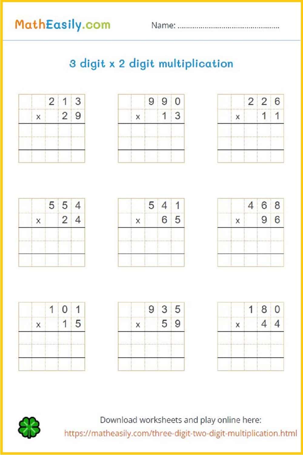 Three-Digit by Two-Digit Multiplication Worksheets for Kids