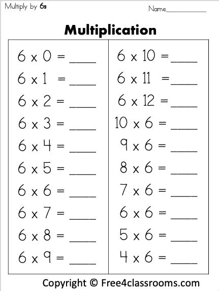 Multiply By 6 Worksheets Printable