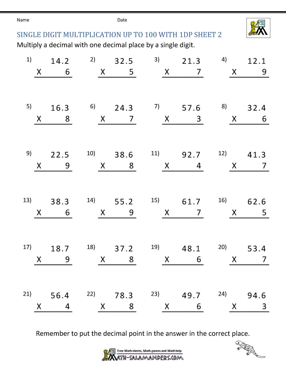 Multiply Decimal By Decimal Worksheets