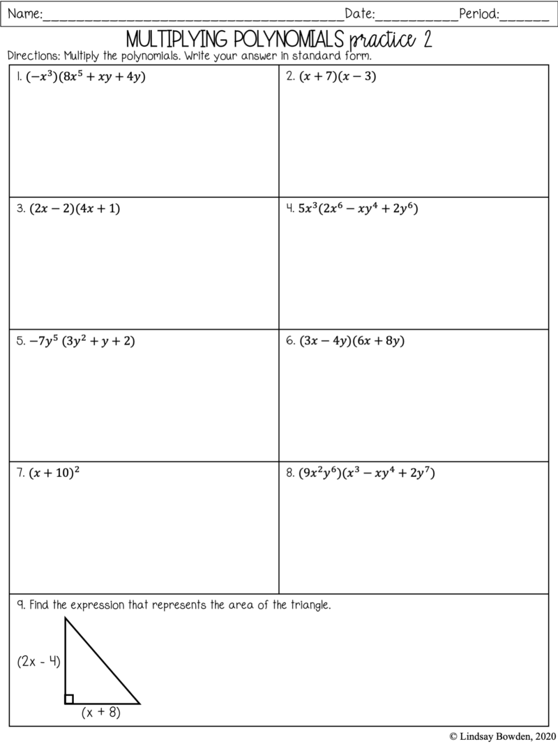 Multiply Polynomials Worksheets