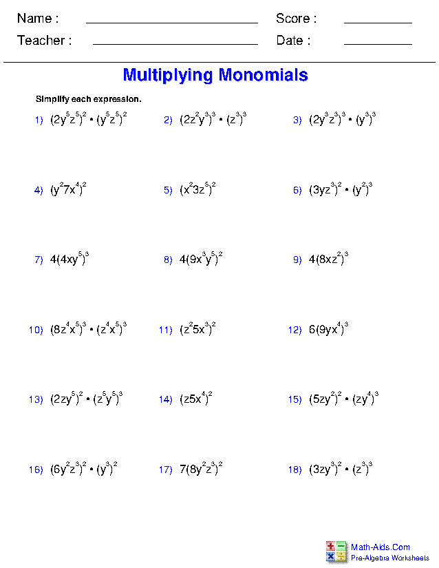 Multiplying A Polynomial And A Monomial Worksheets