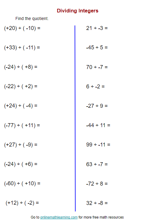 Multiplying And Dividing Integers Worksheet 7Th Grade Kidsworksheetfun