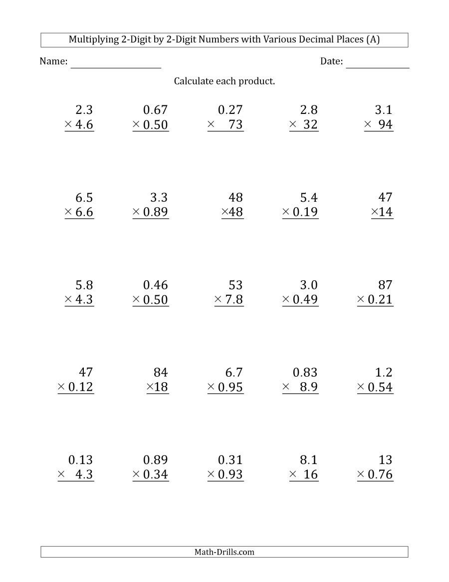 Multiplying Decimals Worksheets Practice Sheets For Decimal