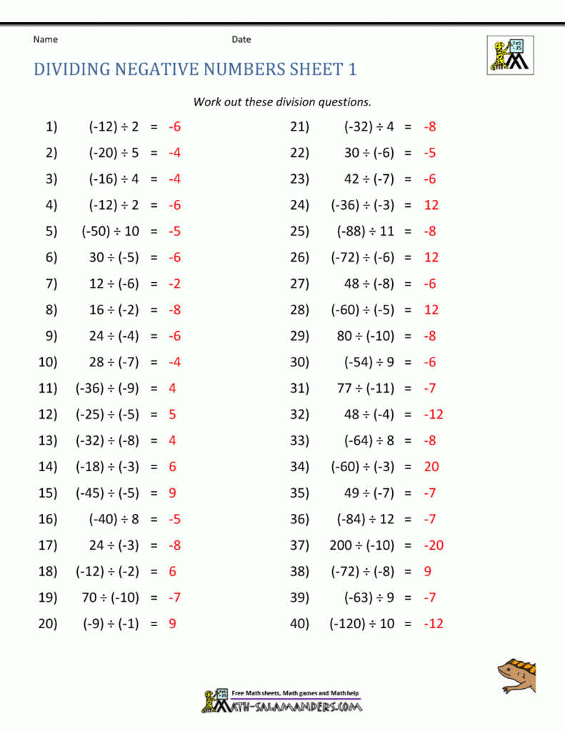 Multiplying Dividing Positive And Negative Numbers Practice Sheet A By Teach Simple