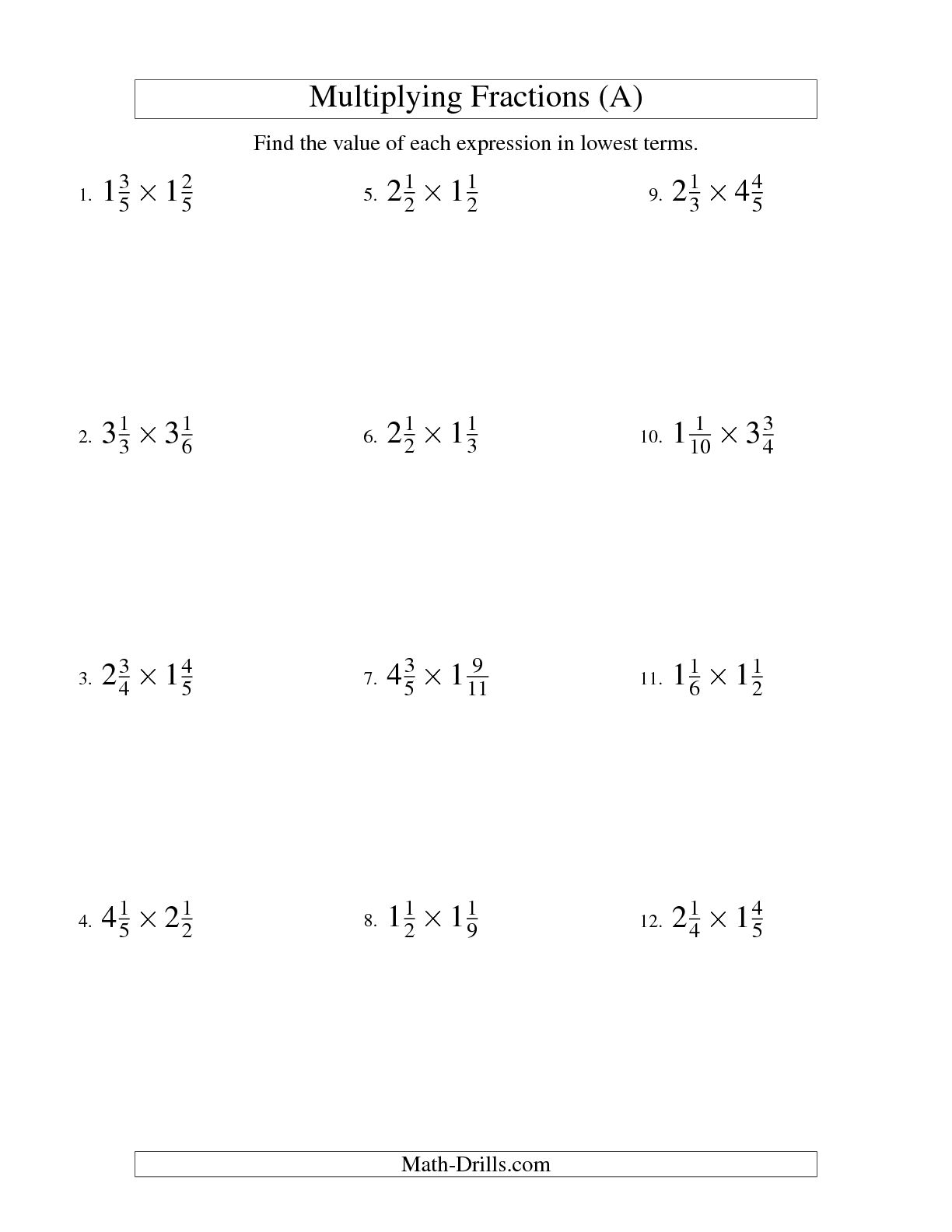 Multiplying Mixed Numbers Free Worksheets