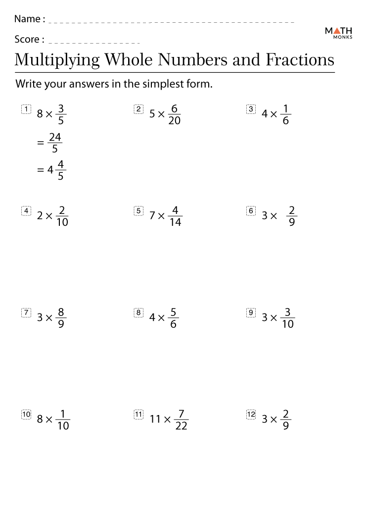 Multiplying Proper Fractions By Whole Number Worksheets Math