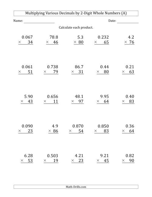 Multiplying Various Decimals By 1 Digit Whole Numbers A