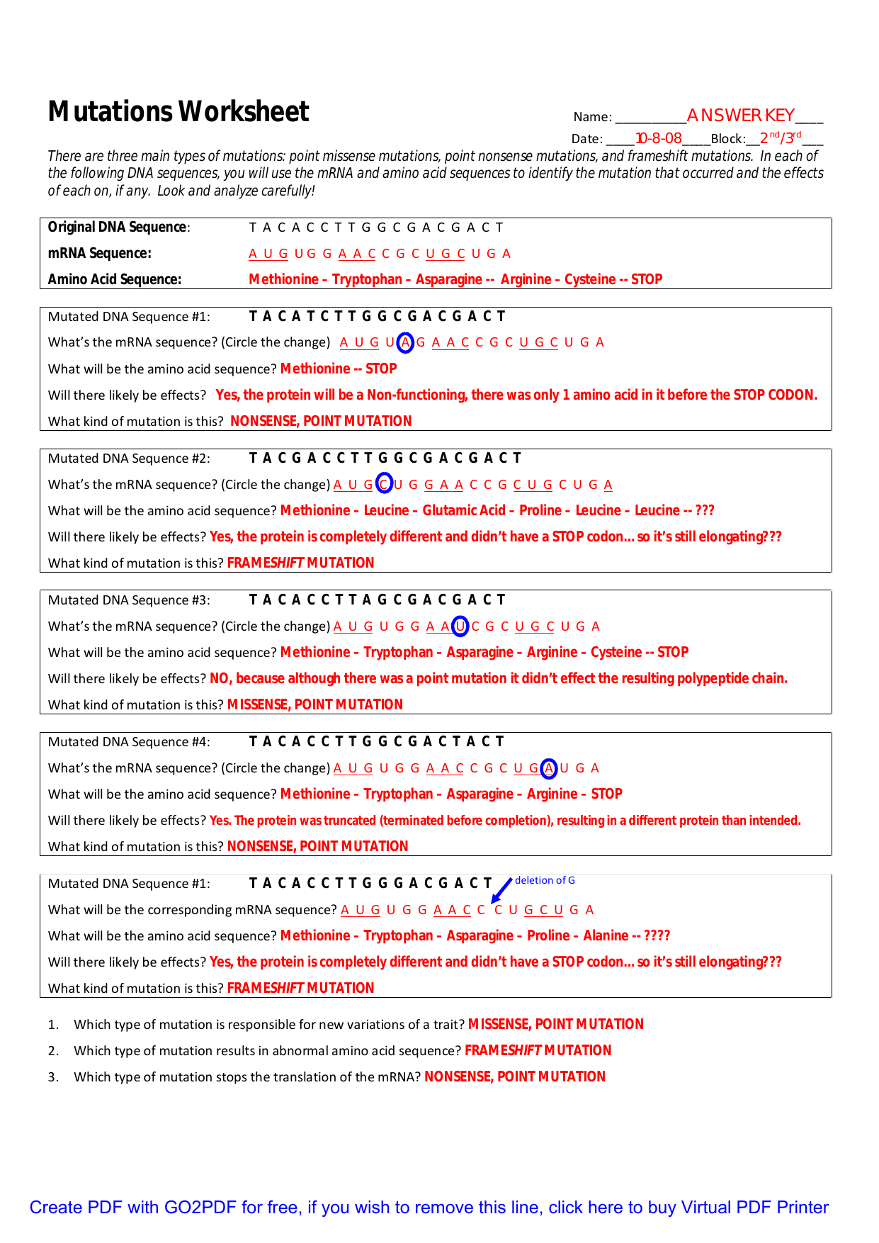 Mutations Worksheets Part 1 Gene Mutations