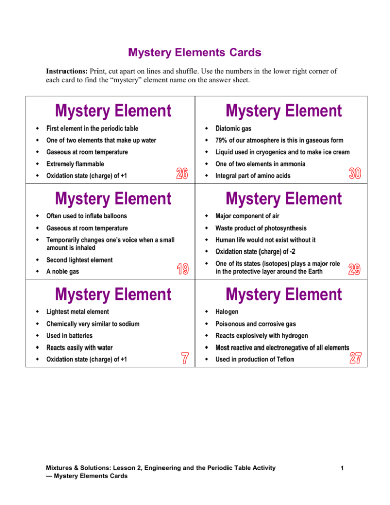 Mystery Elements Worksheet Answers